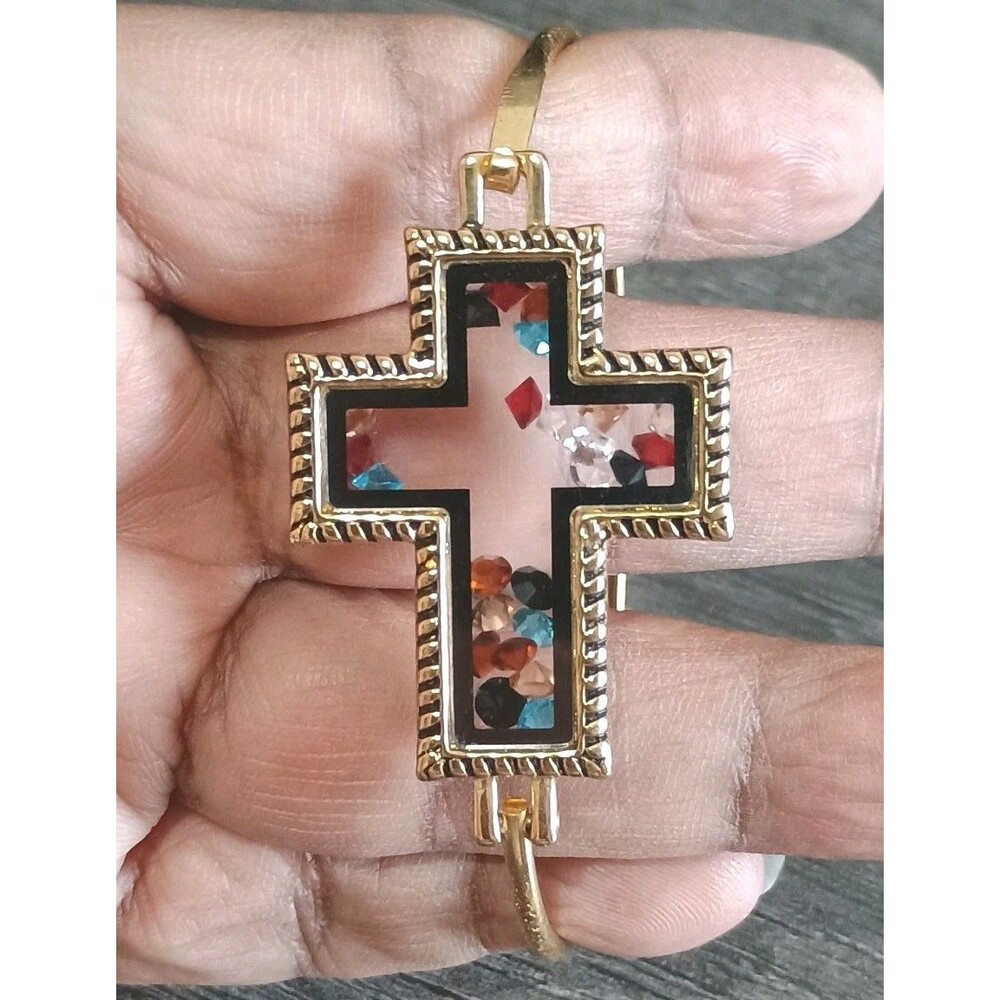 Christ's Story Rhinestone Filled Cross Gold Tone Bangle Bracelet